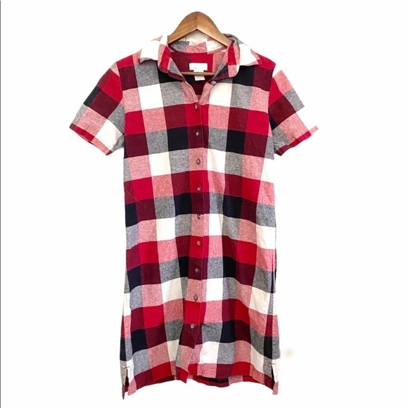 Christopher & Banks Plaid Linen Buffalo Plaid Full Button Shirt Dress - Picture 1 of 5